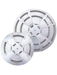 Close-up of HoleMole galvanized steel Mole discs in several sizes, showing the one-way flap design.