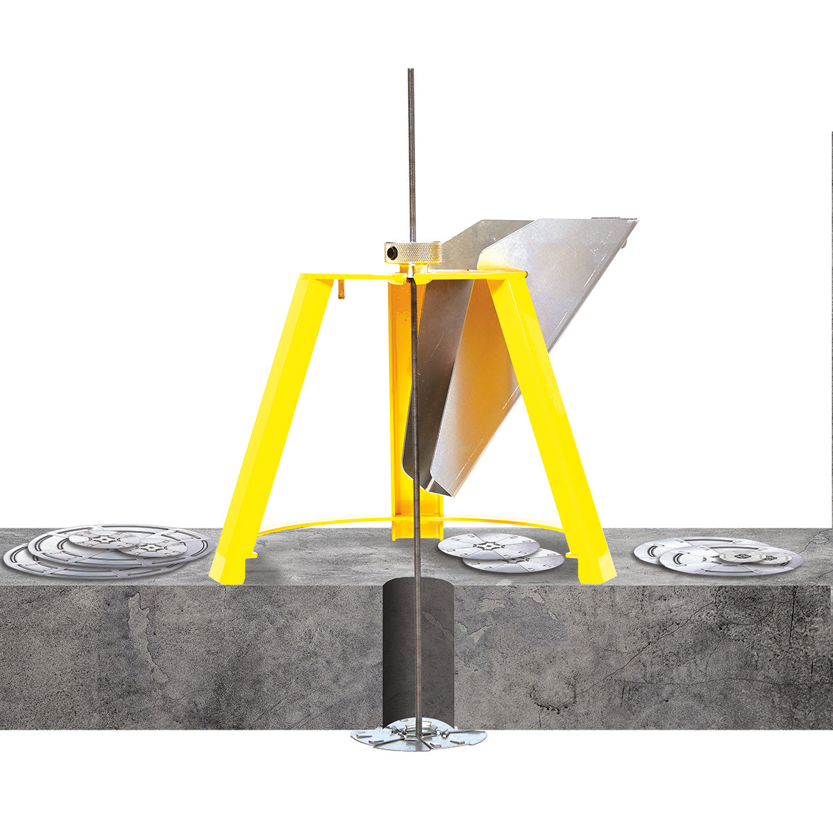 HoleMole Mole Stand and Speed Chute set over a core hole, with the Mole on its threaded rod below the slab.