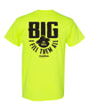 Back of the safety-green Big or Small HoleMole T-shirt with the BIG or SMALL, I FILL THEM ALL graphic.