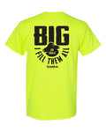 Back of the safety-green Big or Small HoleMole T-shirt with the BIG or SMALL, I FILL THEM ALL graphic.