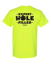 Back of the safety-green Expert Hole Filler HoleMole T-shirt, sizes L and XL.