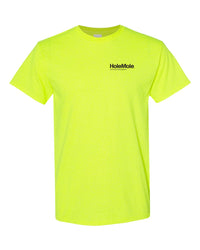 Front of the safety-green HoleMole logo T-shirt, Big or Small style, sizes L to 3XL.
