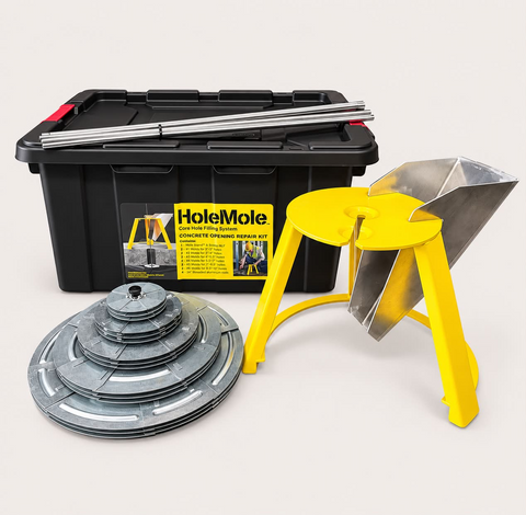 HoleMole Contractor Starter Kit: kit bin, threaded Mole Rods, a stack of Moles in every size, the yellow Mole Stand and the Speed Chute.