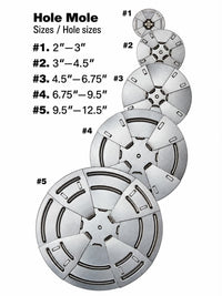 HoleMole size chart: Mole #1 fits 2 to 3 inch holes, #2 fits 3 to 4.5 inch, #3 fits 4.5 to 6.75 inch, #4 fits 6.75 to 9.5 inch, #5 fits 9.5 to 12.5 inch. The kit includes 3 of each size.