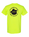 Back of the safety-green Plugging Holes HoleMole T-shirt trade graphic, sizes L and XL.