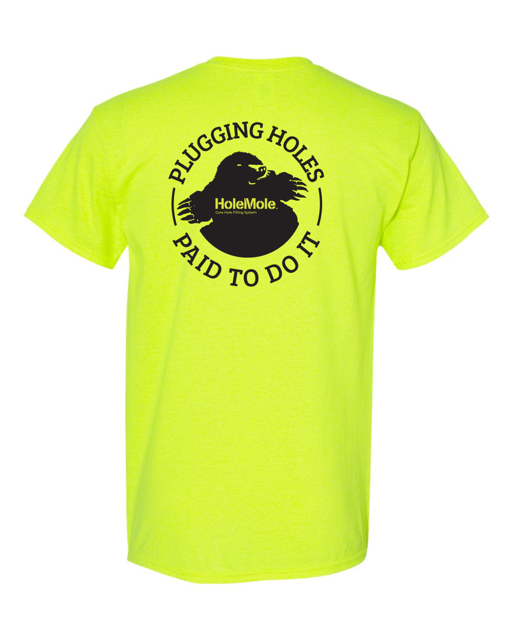 Back of the safety-green Plugging Holes HoleMole T-shirt trade graphic, sizes L and XL.