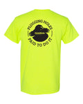 Back of the safety-green Plugging Holes HoleMole T-shirt trade graphic, sizes L and XL.