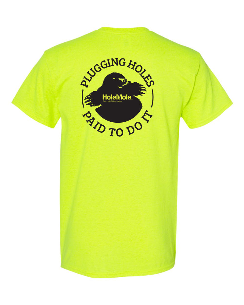 Back of the safety-green Plugging Holes HoleMole T-shirt trade graphic, sizes L and XL.