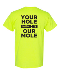 Back of the safety-green Your Hole Our Mole HoleMole T-shirt slogan graphic, sizes L and XL.