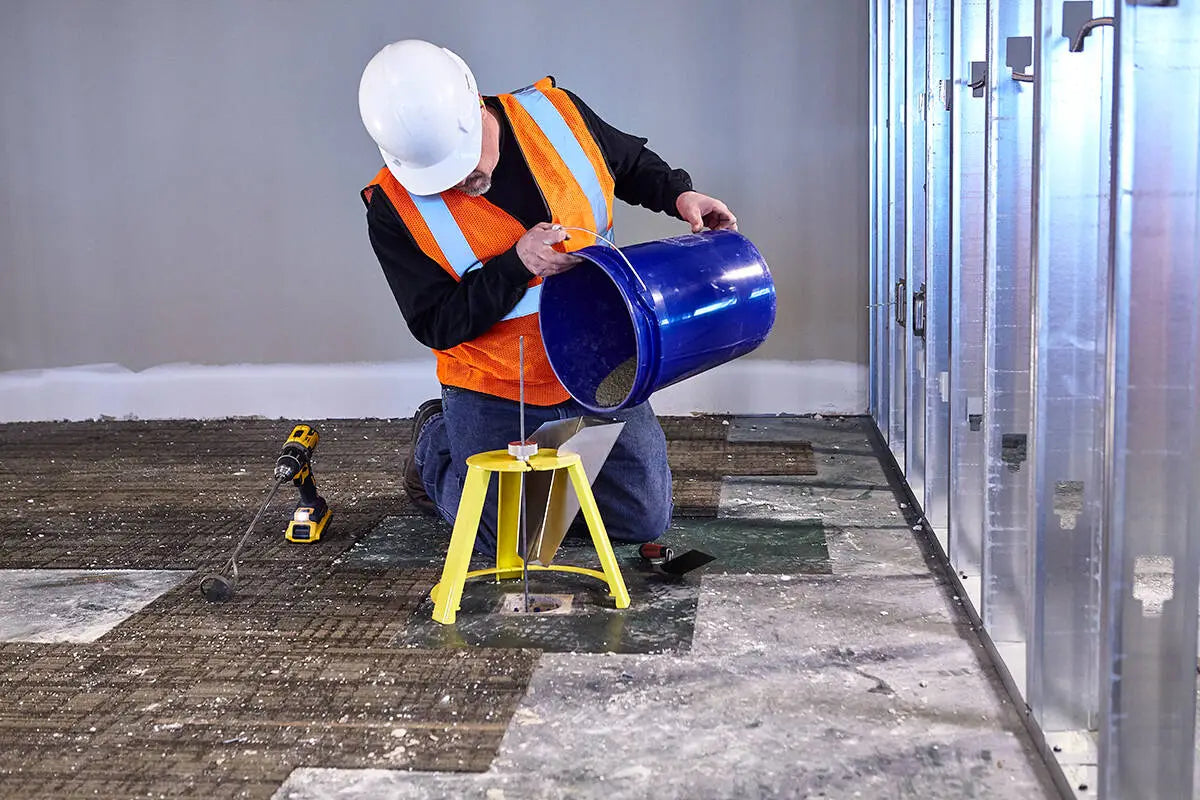 Contractor pouring fill into a HoleMole-plugged core hole on site